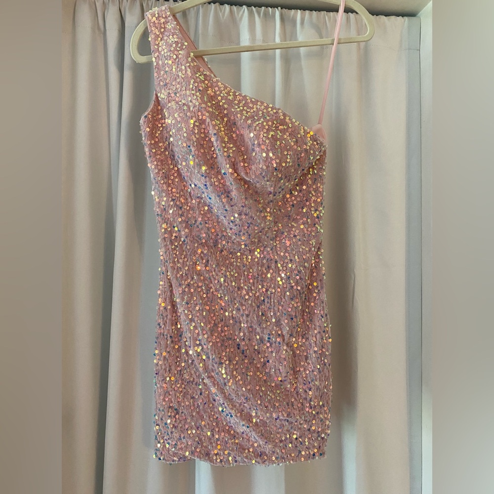 Pink Sequin One-Shoulder Dress